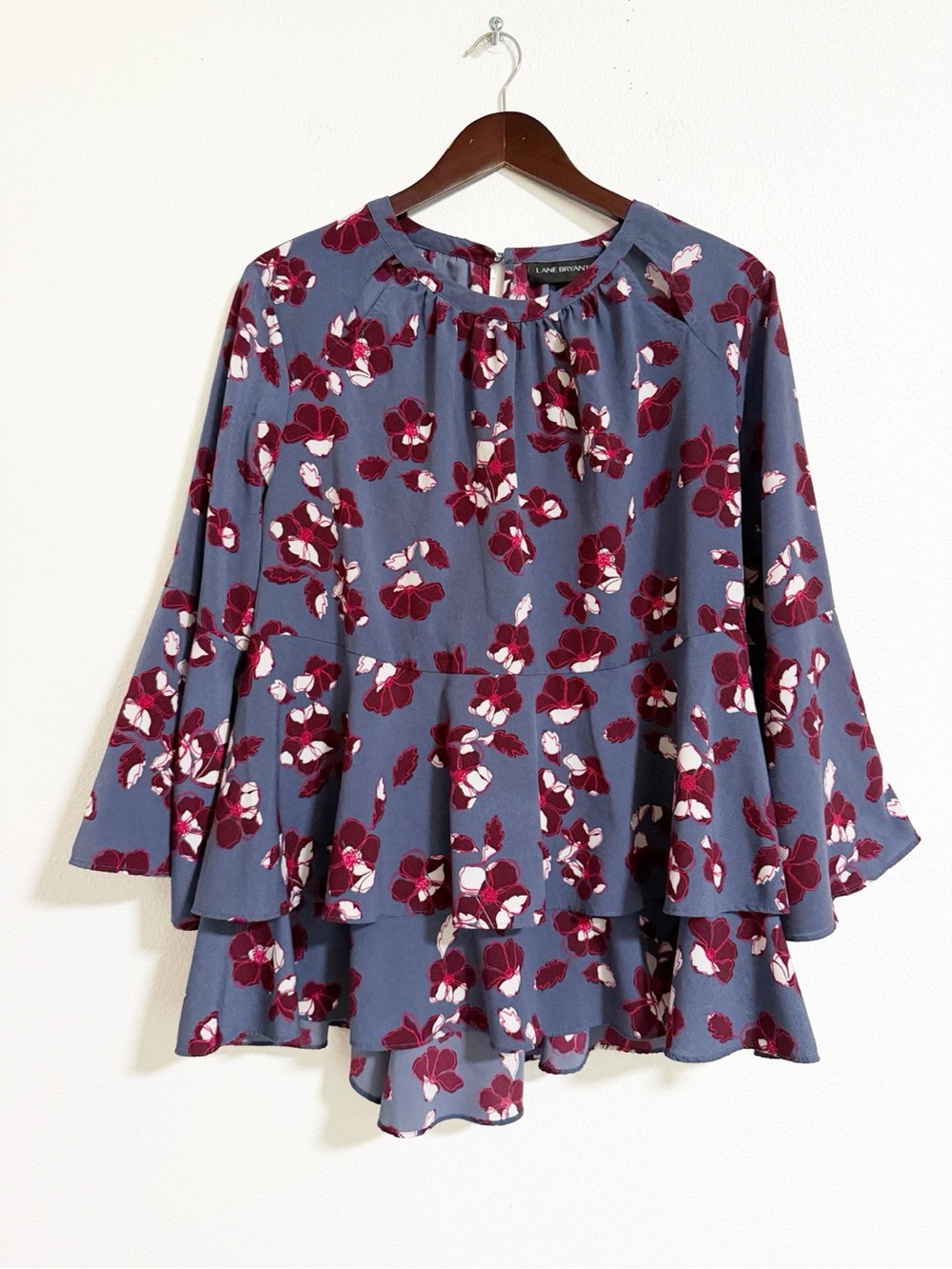 Lane Bryant Floral Layered Ruffle Hem Bell Sleeve Blouse